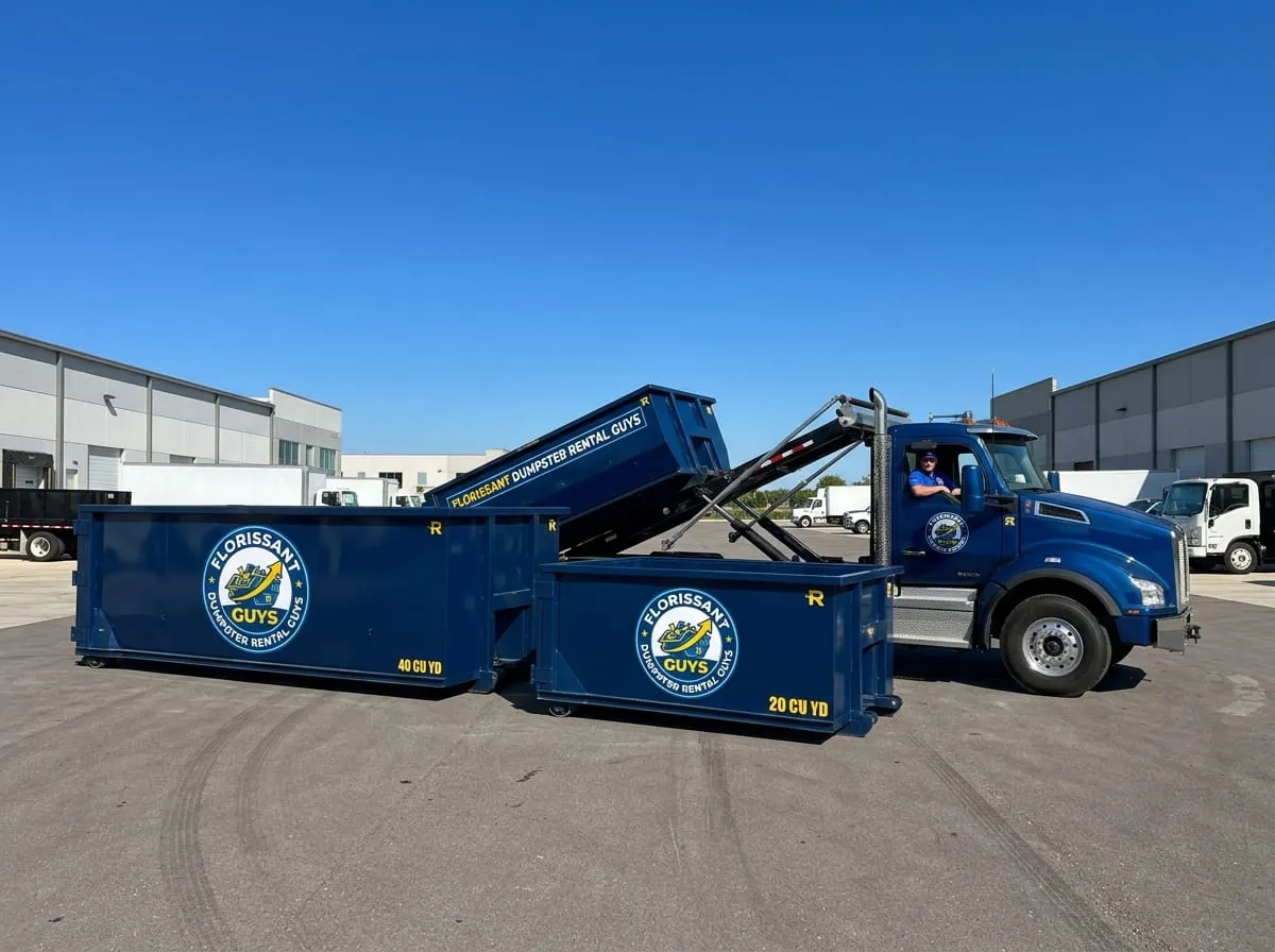 Florissant Dumpster Rental Guys roll-off container and truck working a job in St. Louis County