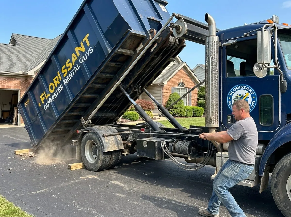Florissant Dumpster Rental Guys roll-off truck delivering a dumpster on a street in Florissant, MO Florissant Dumpster Rental Guys roll-off truck delivering a dumpster on a street in Florissant, MO