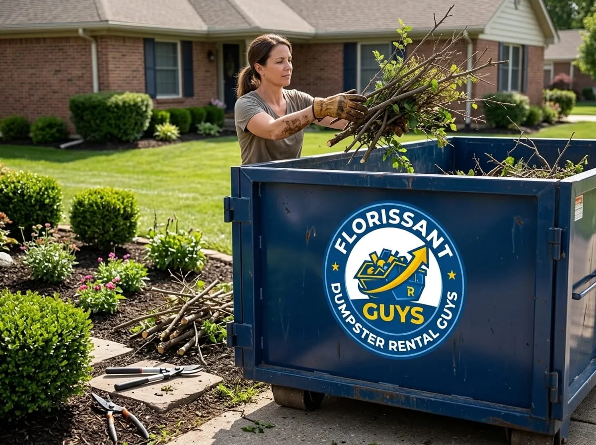 Homeowner loading branches and yard waste into a roll-off container in Florissant Homeowner loading branches and yard waste into a roll-off container in Florissant